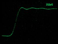 7104 recording a single shot pulse (from 067-0587-02) at 200 ps/Div. Camera: Nikon D7000, 50 mm f/1.4, ISO 3200, 1/2 s. CRT filter not removed.