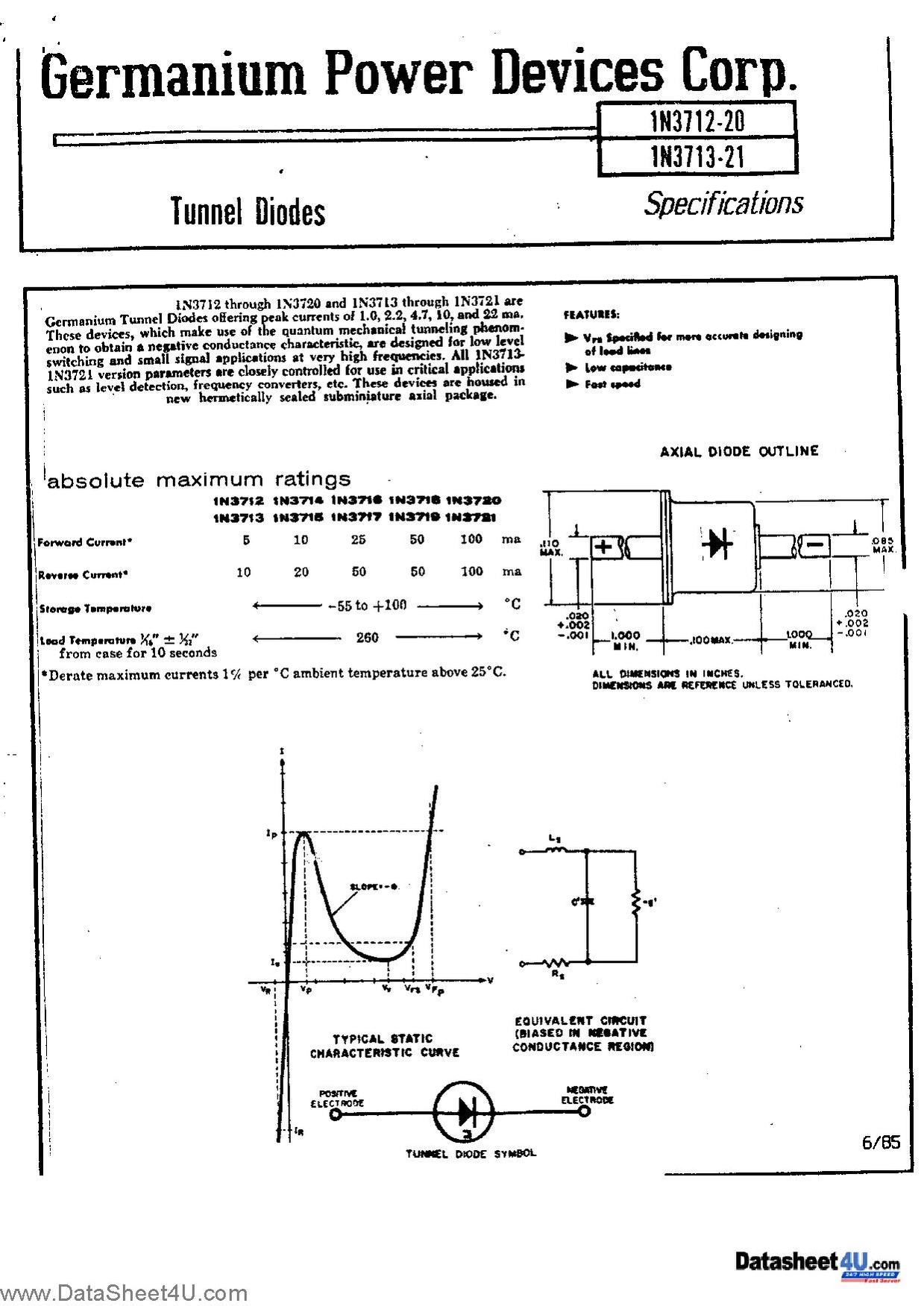 Germanium Power Devices Datasheet for 1N3712 through 1N3721 (PDF)